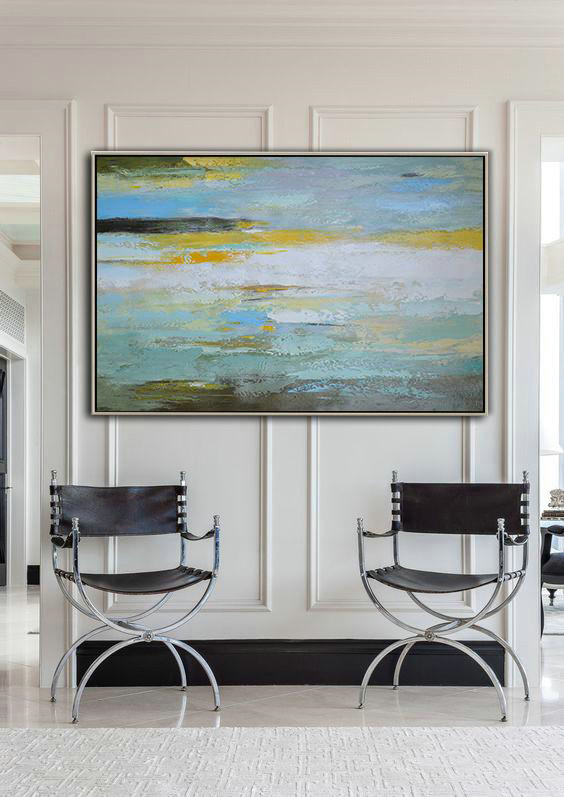 Extra Large 72" Acrylic Painting,Oversized Horizontal Contemporary Art,Acrylic Painting Large Wall Art,White,Yellow,Grey,Green.etc